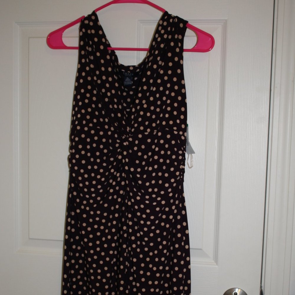 Chaps sleeveless dress, brown, beige polka dots,